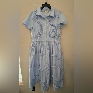 Kate Spade Light Blue & White Striped Ruffle DressSz M, EUC